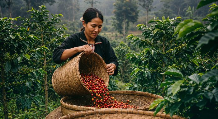 A wide Kenyan highland landscape used for coffee growing